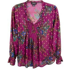 LIZ CLAIBORNE Sheer Floral Gold Threaded Top Size Medium